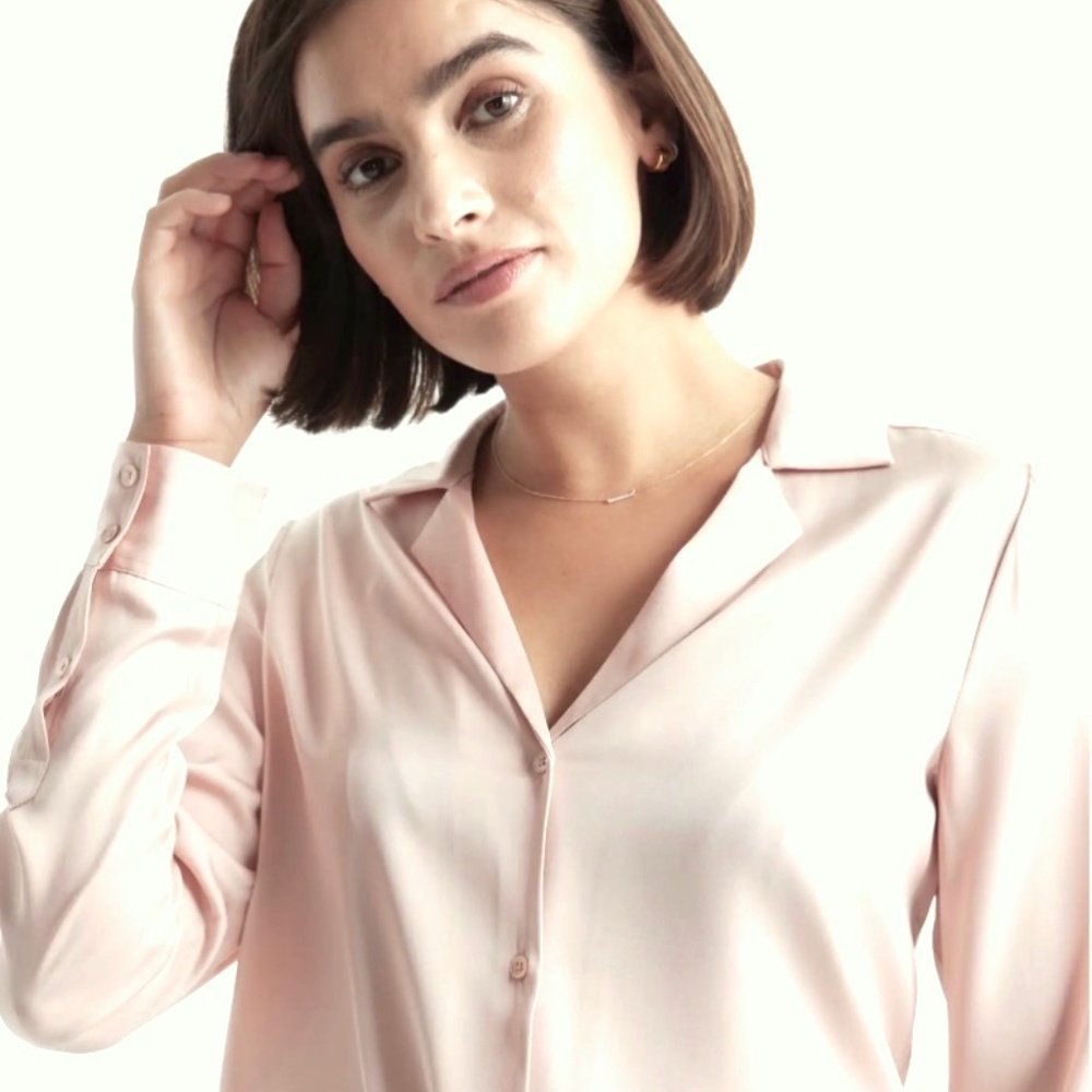 QUINCE WASHABLE STRETCH SILK BLOUSE, Blush Pink, Size L - NWOT